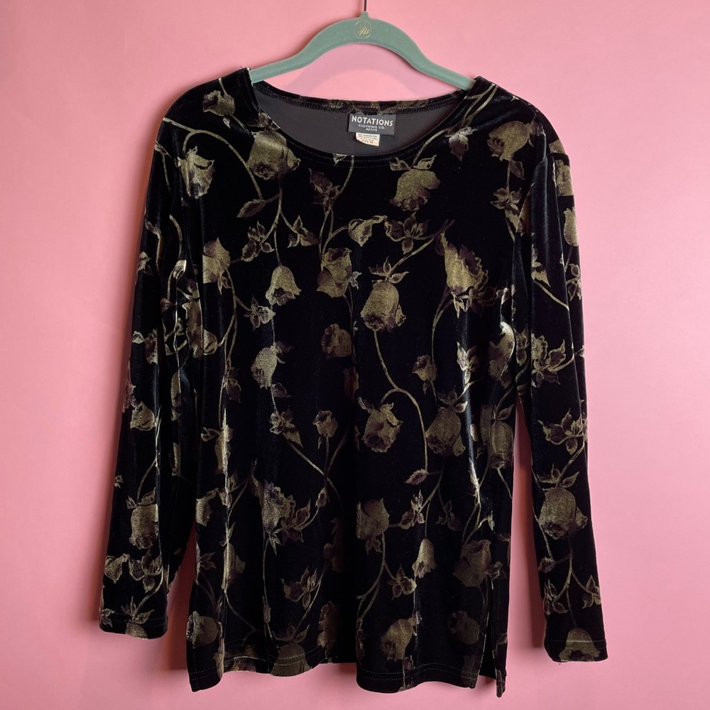 Vintage Notations Black Velvet Long Sleeve Shirt with Floral Roses